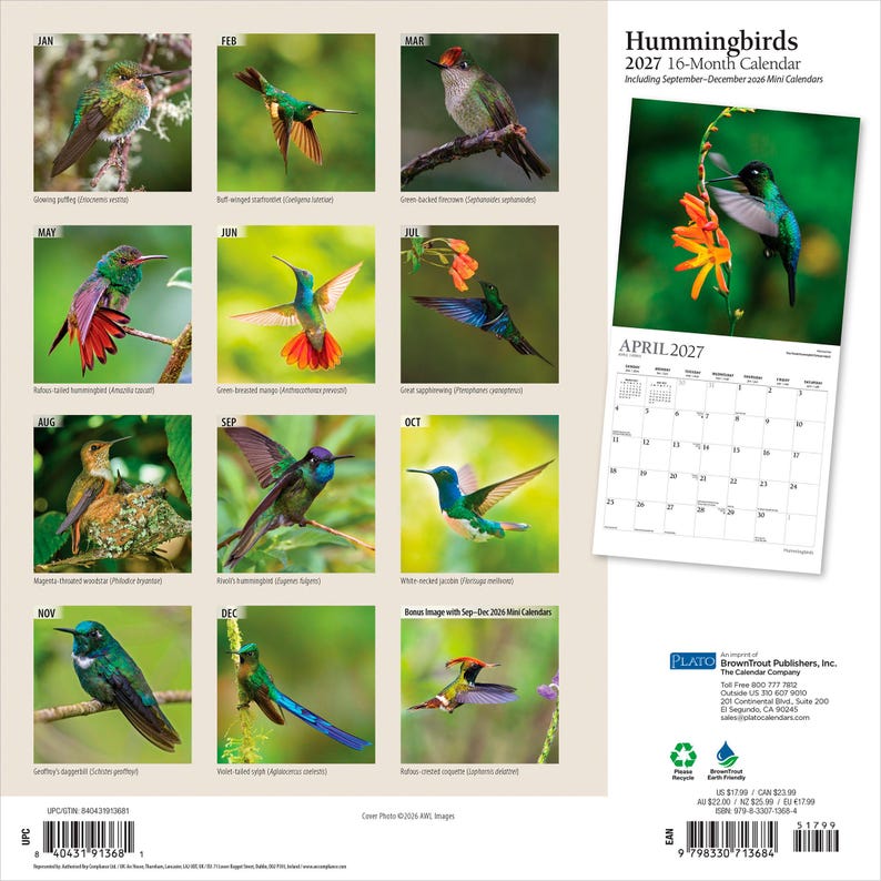 K&ouml;nnte beinhalten: Ein 16-monatiger Wandkalender f&uuml;r 2027 mit dem Titel Hummingbirds, der zw&ouml;lf monatliche Rasterseiten und ein gro&szlig;es Titelbild eines Kolibris bei orangefarbenen Blumen zeigt. Jeder Monat zeigt eine andere Kolibriart.