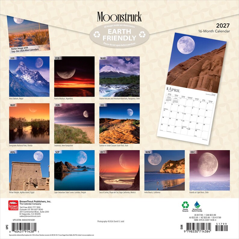 May include: A 2027 16-month Moonstruck calendar featuring twelve monthly landscape photographs with moon imagery. The back cover displays a grid of the monthly images, a sample April page, and the text Moonstruck, Earth Friendly, and 2027.