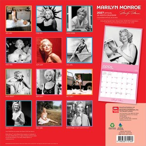 May include: A 2027 Marilyn Monroe 16-month wall calendar with a bright red background. The cover features twelve black and white photographs of Marilyn Monroe, a large image of her holding a magazine, and a calendar grid for the month of April.