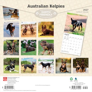 Puede incluir: Un calendario de pared de 16 meses para 2027 titulado Australian Kelpies que presenta varias fotograf&iacute;as de perros Kelpie a lo largo del a&ntilde;o. La contraportada muestra doce miniaturas mensuales, una p&aacute;gina de abril y el texto Earth Friendly.