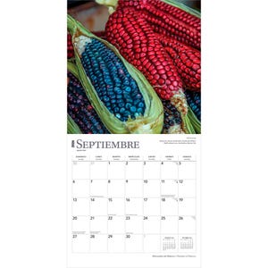 May include: A calendar page for September 2026 featuring close-up images of colorful corn. The corn includes blue, red, and purple kernels. The word "SEPTIEMBRE" is at the top of the calendar page.