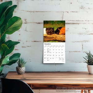 May include: A wall calendar for the month of March featuring a photograph of two guinea pigs, one black and white and one orange and black, resting on a wooden log. The calendar grid displays the days of the month with clear black text.