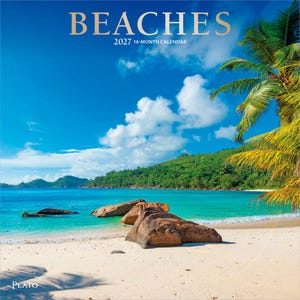 May include: A 2027 16-month calendar titled BEACHES featuring a tropical coastal scene with white sand, large brown boulders, turquoise water, and a green palm tree under a bright blue sky with white clouds. The word PLATO is printed at the bottom.