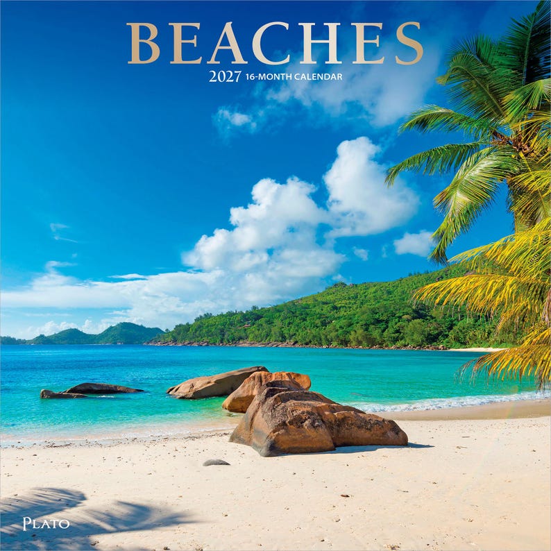 May include: A 2027 16-month calendar titled BEACHES featuring a tropical coastal scene with white sand, large brown boulders, turquoise water, and a green palm tree under a bright blue sky with white clouds. The word PLATO is printed at the bottom.