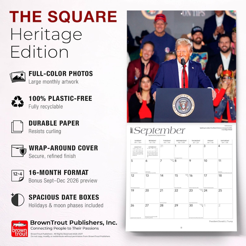 Puede incluir: Un calendario de 16 meses con fotos a color, una cubierta envolvente y casillas de fechas espaciosas. El calendario incluye una vista previa adicional para septiembre-diciembre de 2026. El calendario es libre de pl&aacute;stico y de papel duradero.