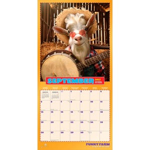 K&ouml;nnte beinhalten: Ein 2022-Kalender mit einer Ziege mit Sonnenbrille und Strohhut, die Banjo spielt. Die Kalenderseite ist f&uuml;r September, mit dem Text "SEPTEMBER 2022" oben. Der untere Teil des Kalenders lautet "FUNNY FARM GO WILD OFF THE FARM".