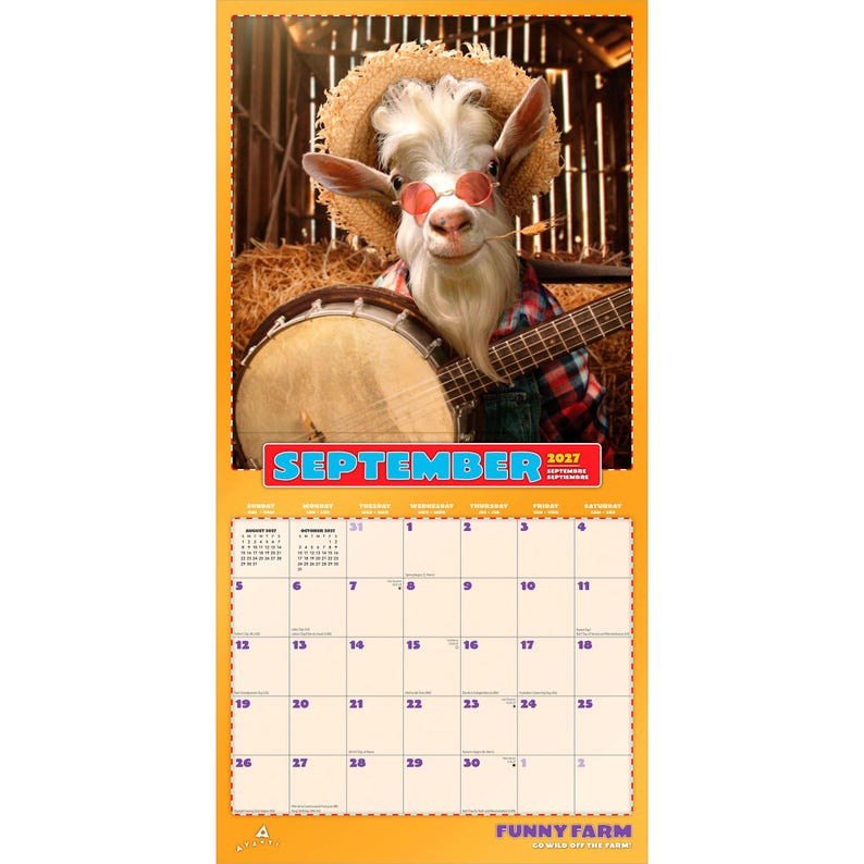 K&ouml;nnte beinhalten: Ein 2022-Kalender mit einer Ziege mit Sonnenbrille und Strohhut, die Banjo spielt. Die Kalenderseite ist f&uuml;r September, mit dem Text "SEPTEMBER 2022" oben. Der untere Teil des Kalenders lautet "FUNNY FARM GO WILD OFF THE FARM".