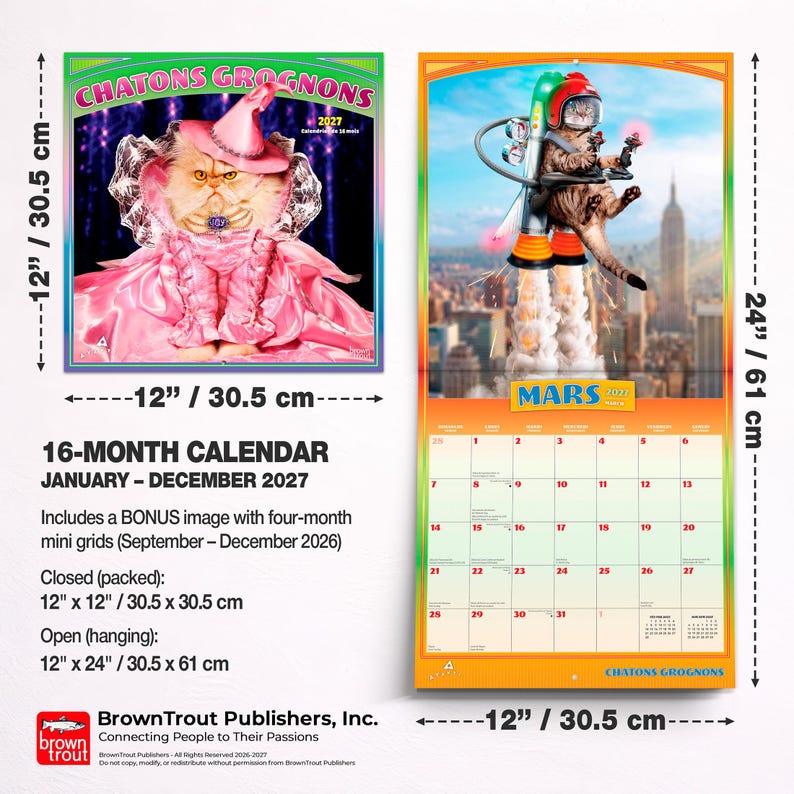 May include: A 16-month 2027 wall calendar titled Chatons Grognons, measuring 12 inches by 12 inches closed and 12 inches by 24 inches open. The cover features a cat in a pink witch costume, while the open page shows a cat in a jetpack over a city.
