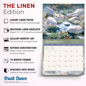 May include: A 16-month wall calendar titled The Linen Edition featuring a September 2027 grid with moon phases and holidays. The top section displays a nature scene of rocks and a stream. Text details include luxury linen paper and a 14 inch by 12.5 inch envelope.