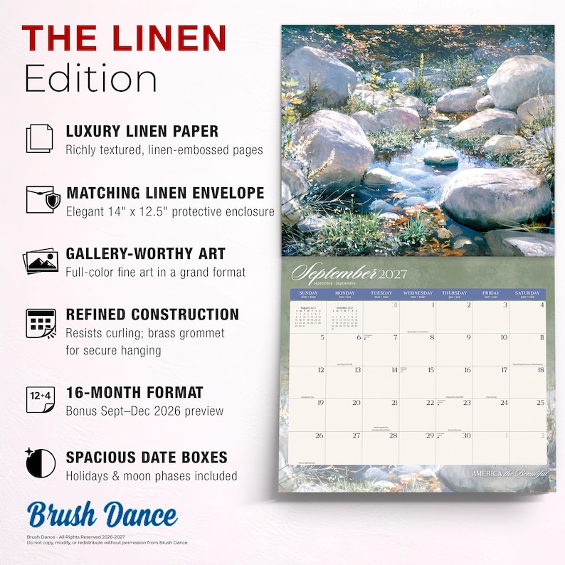 May include: A 16-month wall calendar titled The Linen Edition featuring a September 2027 grid with moon phases and holidays. The top section displays a nature scene of rocks and a stream. Text details include luxury linen paper and a 14 inch by 12.5 inch envelope.