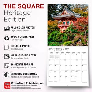 May include: A 2027 wall calendar titled The Square Heritage Edition featuring a photograph of a red Japanese-style pagoda surrounded by trees. The calendar includes a September grid with spacious date boxes, holiday markers, and moon phases.