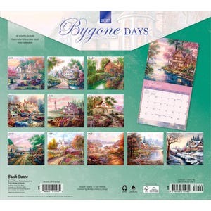 May include: A 2027 Bygone Days wall calendar featuring twelve monthly landscape paintings of houses and scenery. The back cover displays miniature versions of each month's artwork, a larger preview of the April page, and a barcode.
