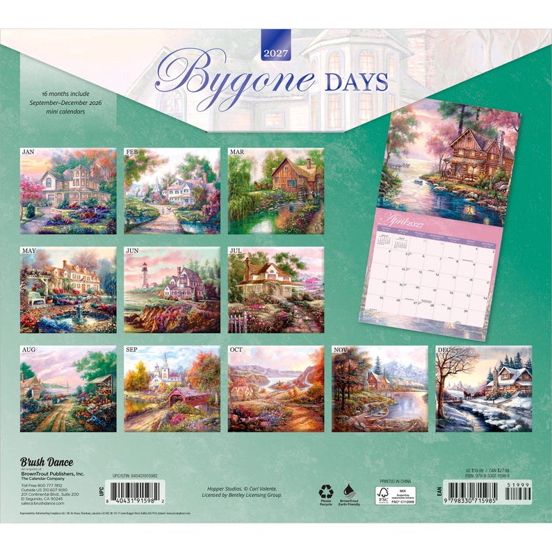 May include: A 2027 Bygone Days wall calendar featuring twelve monthly landscape paintings of houses and scenery. The back cover displays miniature versions of each month's artwork, a larger preview of the April page, and a barcode.
