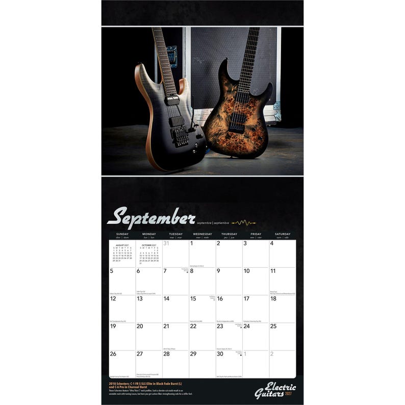May include: A 2021 wall calendar page for September featuring two electric guitars. One guitar has a black finish, and the other has a textured brown and black burl wood finish. The calendar grid displays the days of the month with small text.