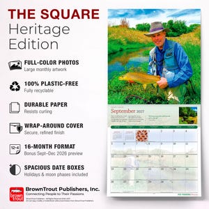 Puede incluir: Un calendario de pared de 2027 titulado The Square Heritage Edition con tem&aacute;tica de pesca con mosca. El calendario muestra una fotograf&iacute;a de una persona sosteniendo una trucha marr&oacute;n junto a un arroyo, con una cuadr&iacute;cula de septiembre de 2027.