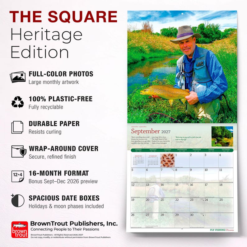 Puede incluir: Un calendario de pared de 2027 titulado The Square Heritage Edition con tem&aacute;tica de pesca con mosca. El calendario muestra una fotograf&iacute;a de una persona sosteniendo una trucha marr&oacute;n junto a un arroyo, con una cuadr&iacute;cula de septiembre de 2027.