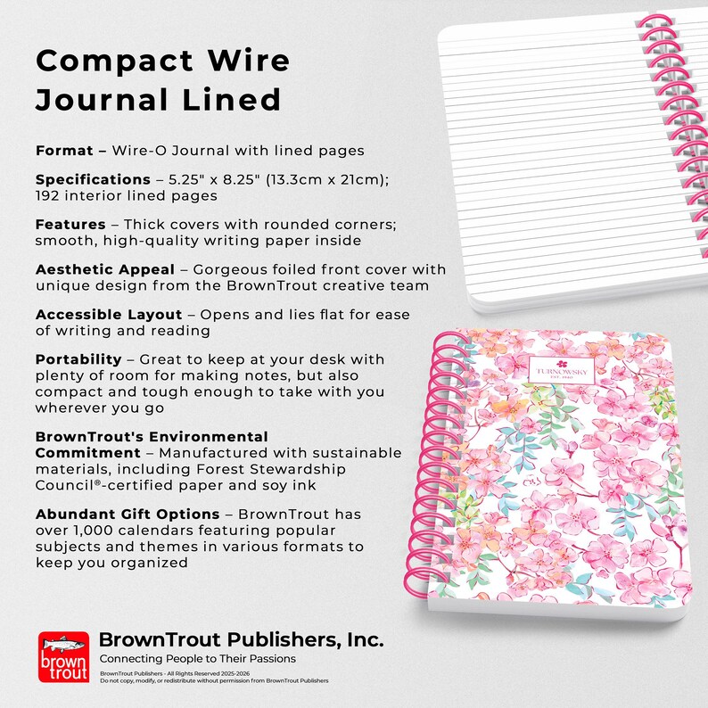 May include: A pink and white floral wire-bound journal with the text "Teeming Noisy" on the cover. The journal is 5.25 inches by 8.25 inches and has 192 lined pages. It is made with sustainable materials, including Forest Stewardship Council-certified paper and soy ink.