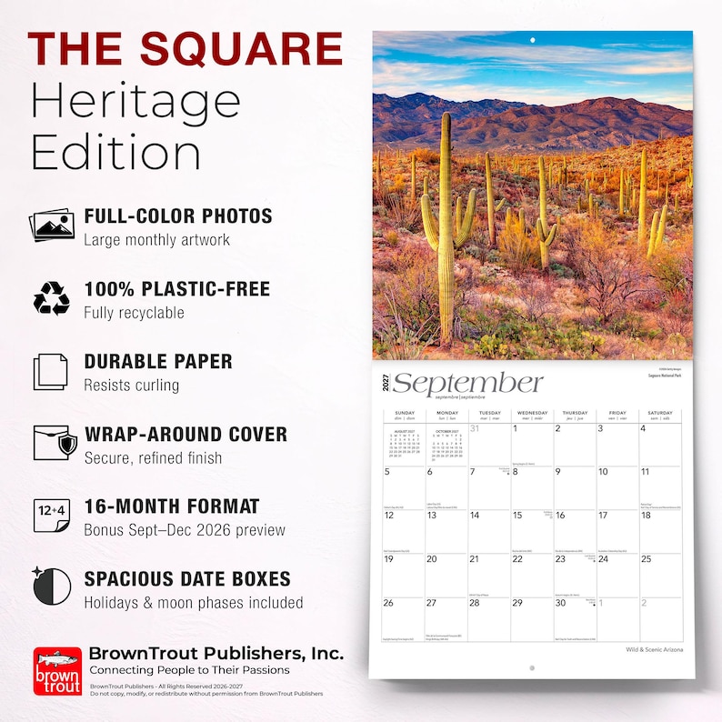 May include: A 2027 wall calendar titled The Square Heritage Edition featuring a photograph of a desert landscape with saguaro cacti under a blue sky. The calendar includes a September grid with dates, moon phases, and holiday markers, plus text details.