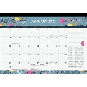 May include: A January 2027 desk calendar featuring a blue header and footer decorated with colorful fish illustrations. The grid displays dates, holidays, and moon phases, with a lined notes section on the right and a full-year calendar overview.