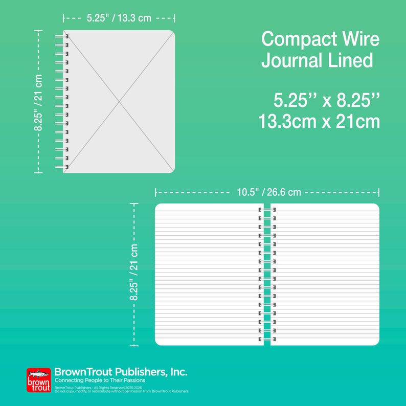 May include: A white compact wire-bound journal with lined pages. The journal measures 5.25 inches by 8.25 inches, or 13.3 centimeters by 21 centimeters. The journal is open to show the lined pages and the wire binding.