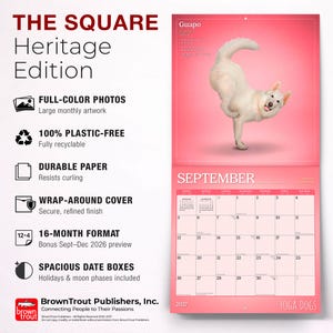 Puede incluir: Un calendario con un perro blanco sobre un fondo rosa. El calendario se titula "The Square Heritage Edition" e incluye el mes de septiembre. Incluye fotos a color, papel duradero y una cubierta envolvente. El calendario es para 16 meses.