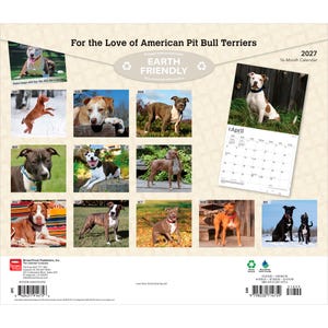 Op de afbeelding: Een 16-maanden wandkalender voor 2027 met de titel For the Love of American Pit Bull Terriers. De achterkant toont twaalf individuele foto's van verschillende American Pit Bull Terriers, een voorbeeldpagina voor april en een streepjescode.