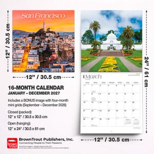 May include: A 16-month San Francisco wall calendar for 2027, measuring 12 inches by 12 inches closed and 12 inches by 24 inches open. It features a city skyline cover and a March calendar page with a white conservatory building and garden.