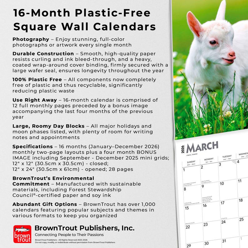 K&ouml;nnte beinhalten: Ein 16-Monats-Wandkalender ohne Plastik mit einem Foto einer wei&szlig;en Ziege. Der Kalender zeigt den Monat M&auml;rz 2026. Der Kalender ist 30,5 cm x 30,5 cm geschlossen.