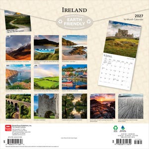 May include: A 2027 16-month wall calendar featuring landscape photography of Ireland. The back cover displays twelve monthly images including castles, coastal cliffs, harbors, and stone bridges, with a sample page for April showing a stone ruin.