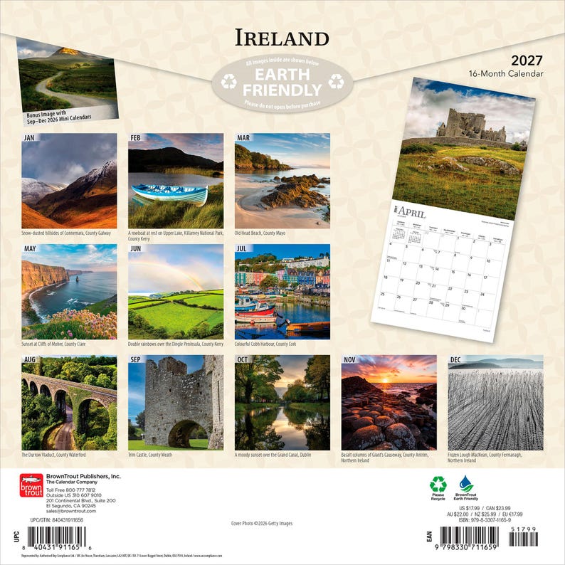 May include: A 2027 16-month wall calendar featuring landscape photography of Ireland. The back cover displays twelve monthly images including castles, coastal cliffs, harbors, and stone bridges, with a sample page for April showing a stone ruin.