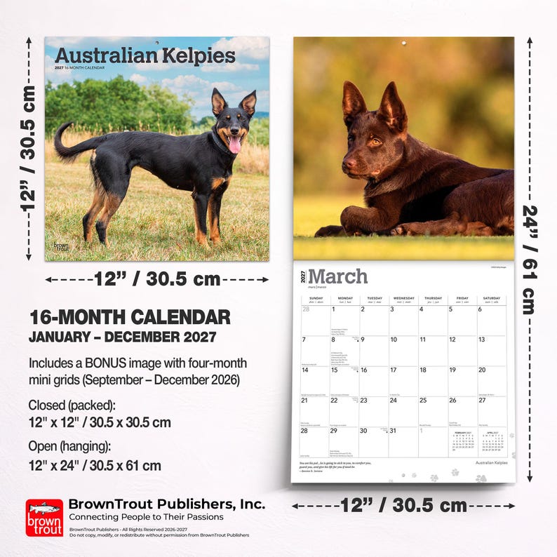 Puede incluir: Un calendario de pared de 16 meses de Australian Kelpies para 2027, que mide 30,5 cm por 30,5 cm cerrado y 30,5 cm por 61 cm abierto. Incluye fotograf&iacute;as de perros Kelpie, una cuadr&iacute;cula mensual para marzo de 2027 y el texto Australian Kelpies.