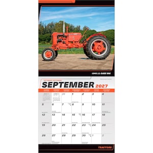 May include: A wall calendar for September 2027 featuring a photograph of a vintage orange 1949 J.I. Case VAC tractor. The calendar grid displays the month, days of the week, and dates, with the text 1949 J.I. CASE VAC and TRACTORS printed.