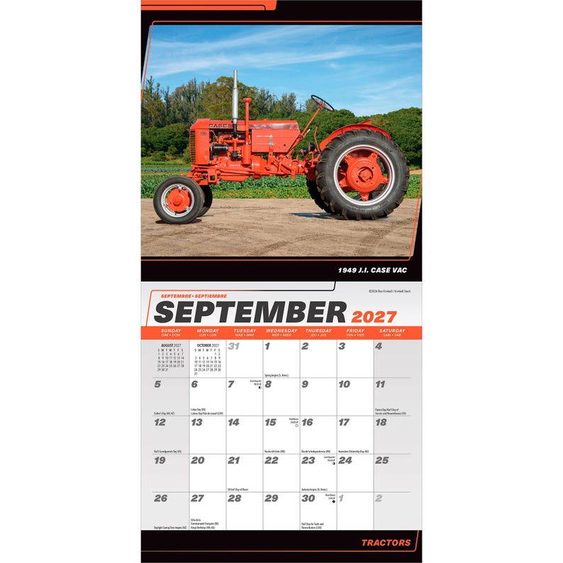 May include: A wall calendar for September 2027 featuring a photograph of a vintage orange 1949 J.I. Case VAC tractor. The calendar grid displays the month, days of the week, and dates, with the text 1949 J.I. CASE VAC and TRACTORS printed.