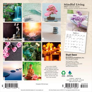 May include: A 2027 Mindful Living 16-month wall calendar featuring twelve monthly images of nature, zen gardens, bonsai trees, and candles. The back cover displays a grid for April 2027, a lavender photo, publisher information, and a barcode.