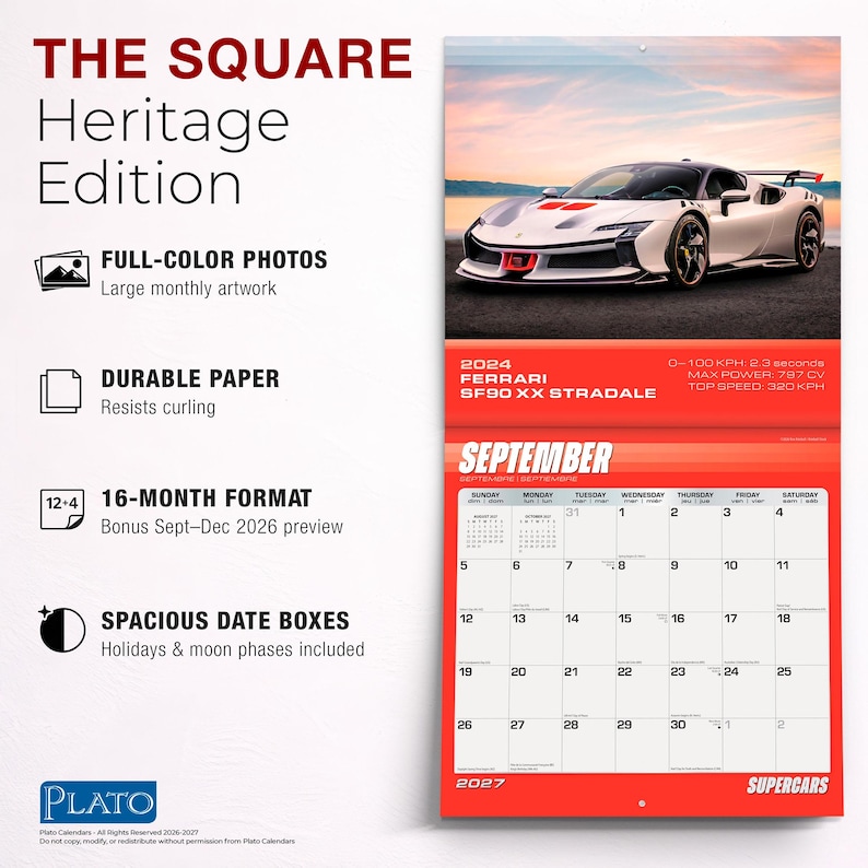 May include: A 2024 wall calendar titled The Square Heritage Edition featuring a white Ferrari SF90 XX Stradale on the September page. The calendar includes full-color photos, a 16-month format, and spacious date boxes for tracking monthly schedules.