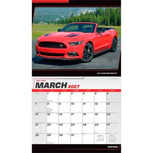 May include: A wall calendar page for March 2027 featuring a bright red 2016 Ford Mustang GT convertible. The top section displays the car on an asphalt road, while the bottom section shows a grid calendar with the text March 2027 and Mustang.