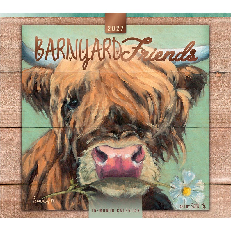 Barnyard Friends 2027 13.75 x 24 Inch (Hanging) Deluxe Wall Calendar | Artwork of Sara G. | Linen Envelope | Foil Stamped Cover Brush Dance bild 1