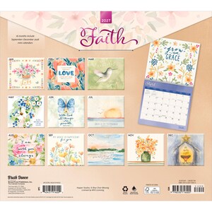 May include: A 2027 Faith wall calendar featuring 12 monthly pages with watercolour illustrations of flowers, birds, and landscapes. Each page includes inspirational text and scripture. The back cover displays all monthly designs and a sample page.