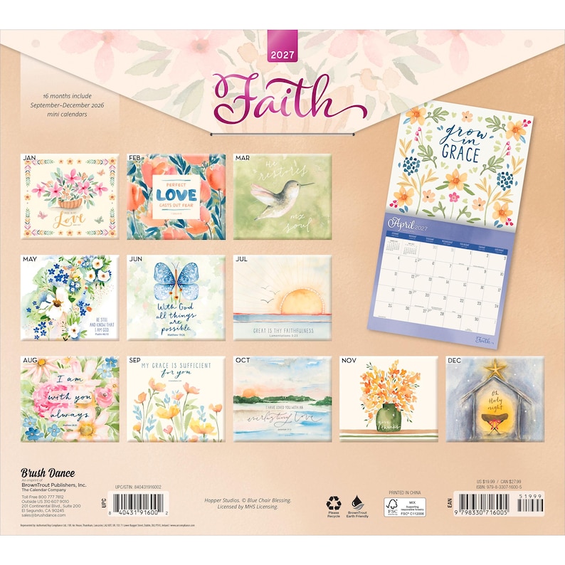 May include: A 2027 Faith wall calendar featuring 12 monthly pages with watercolour illustrations of flowers, birds, and landscapes. Each page includes inspirational text and scripture. The back cover displays all monthly designs and a sample page.