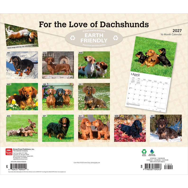 Pu&ograve; includere: Un calendario da parete di 16 mesi per il 2027 intitolato For the Love of Dachshunds. La copertina presenta dodici fotografie distinte di bassotti in vari ambienti, tra cui erba, neve e foglie autunnali, con un'anteprima della pagina di aprile.