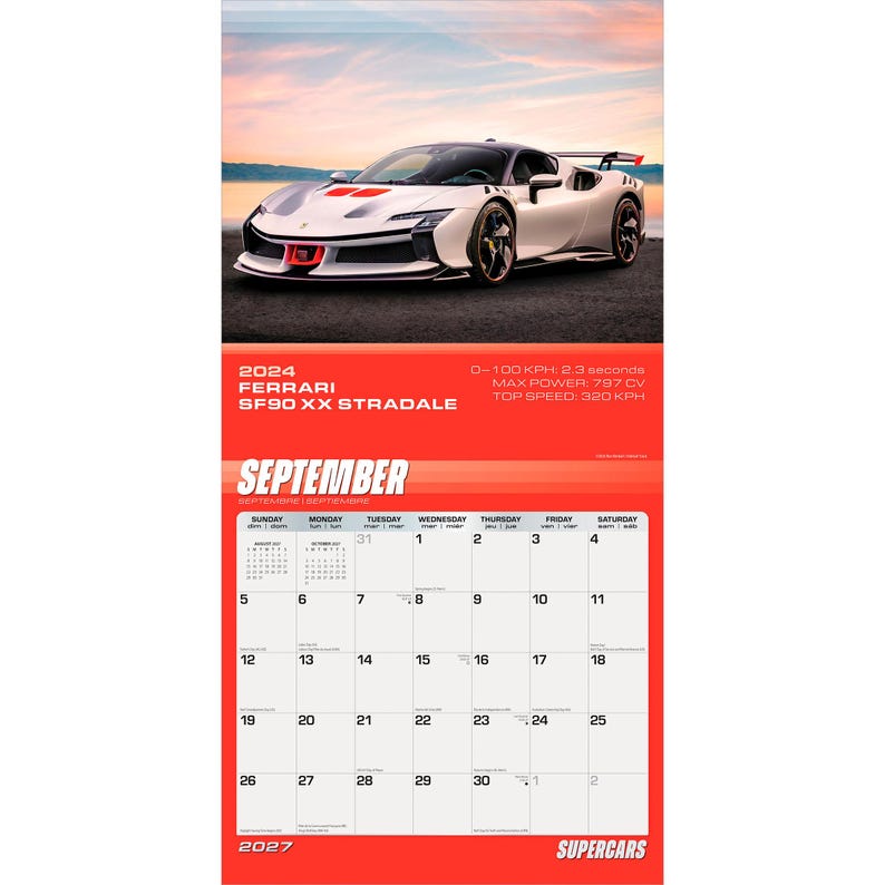 May include: A 2024 wall calendar page for September featuring a white Ferrari SF90 XX Stradale sports car. The top section displays the car against a sunset sky. The bottom section shows a calendar grid with the text 2024 FERRARI SF90 XX STRADALE.