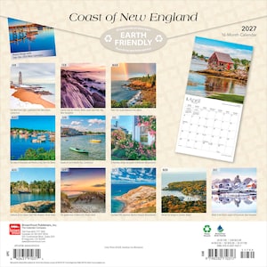 May include: A 2027 16-month wall calendar titled Coast of New England featuring a collection of landscape photographs. The cover displays a grid of images showcasing coastal scenes, lighthouses, and harbours, with a larger April calendar page.
