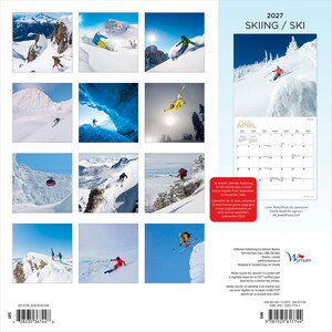 Op de afbeelding: Een 2027 Skiing wandkalender met twaalf maandelijkse pagina's en een verzameling foto's van ski&euml;rs op besneeuwde berghellingen. De achterkant toont een voorbeeld van de kalenderpagina voor april en een rood informatievak.