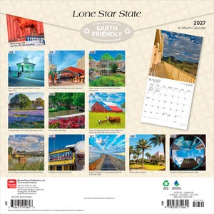 May include: A 2027 16-month wall calendar titled Lone Star State featuring a collection of photographs showcasing Texas landmarks, including a gazebo, city streets, a barn with a flag design, a suspension bridge, and a circular view of a skyline.