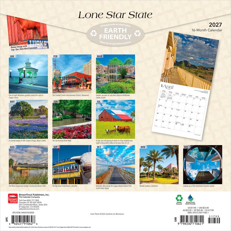 May include: A 2027 16-month wall calendar titled Lone Star State featuring a collection of photographs showcasing Texas landmarks, including a gazebo, city streets, a barn with a flag design, a suspension bridge, and a circular view of a skyline.