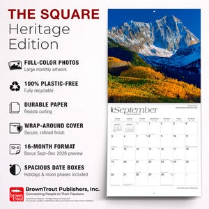 May include: The Square Heritage Edition 16-month wall calendar features full-color landscape photography, including a September 2027 page with a snow-capped mountain and golden forest. It includes spacious date boxes, holidays, and moon phases.