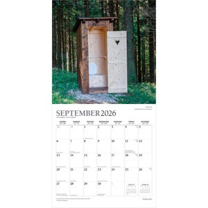 May include: A calendar page for September 2026 featuring a rustic outhouse in a forest setting. The outhouse is made of wood with a heart-shaped cutout on the door. The calendar grid is white with black text.