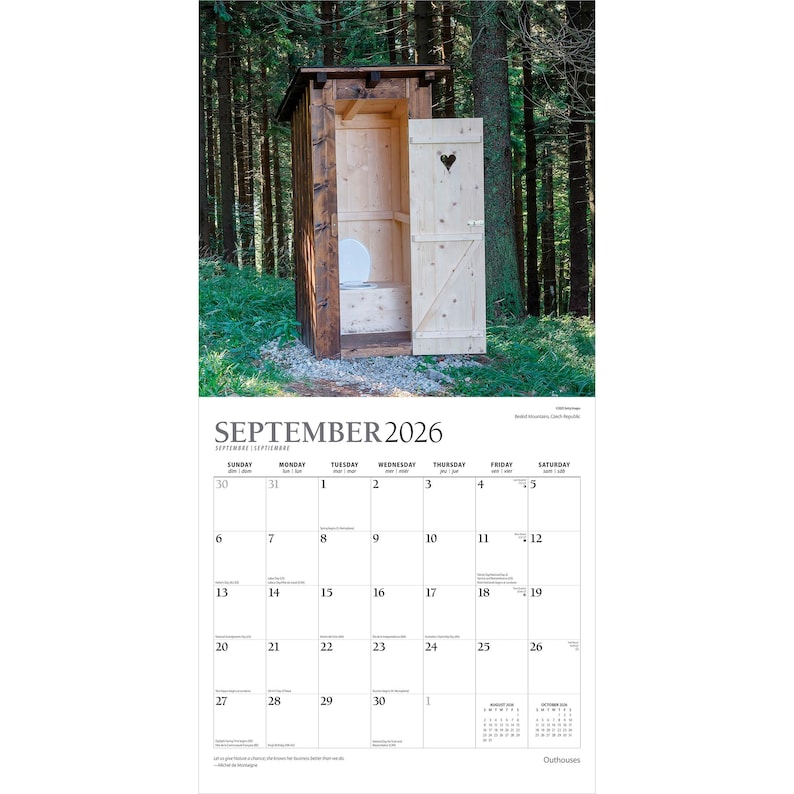 May include: A calendar page for September 2026 featuring a rustic outhouse in a forest setting. The outhouse is made of wood with a heart-shaped cutout on the door. The calendar grid is white with black text.