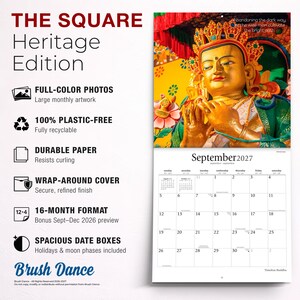 May include: A 16-month wall calendar titled The Square Heritage Edition, featuring a gold-toned Buddha statue image for September 2027. The calendar includes full-color photos, durable paper, a wrap-around cover, and spacious date boxes with holidays.