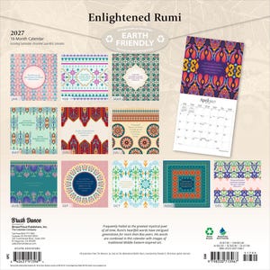 Op de afbeelding: De 2027 Enlightened Rumi 16-maandenkalender bevat twaalf maandpagina's met kleurrijke, ingewikkelde patronen en citaten. Elke maand toont een uniek ontwerp en de aprilpagina is geopend, waardoor een maandoverzicht zichtbaar is.